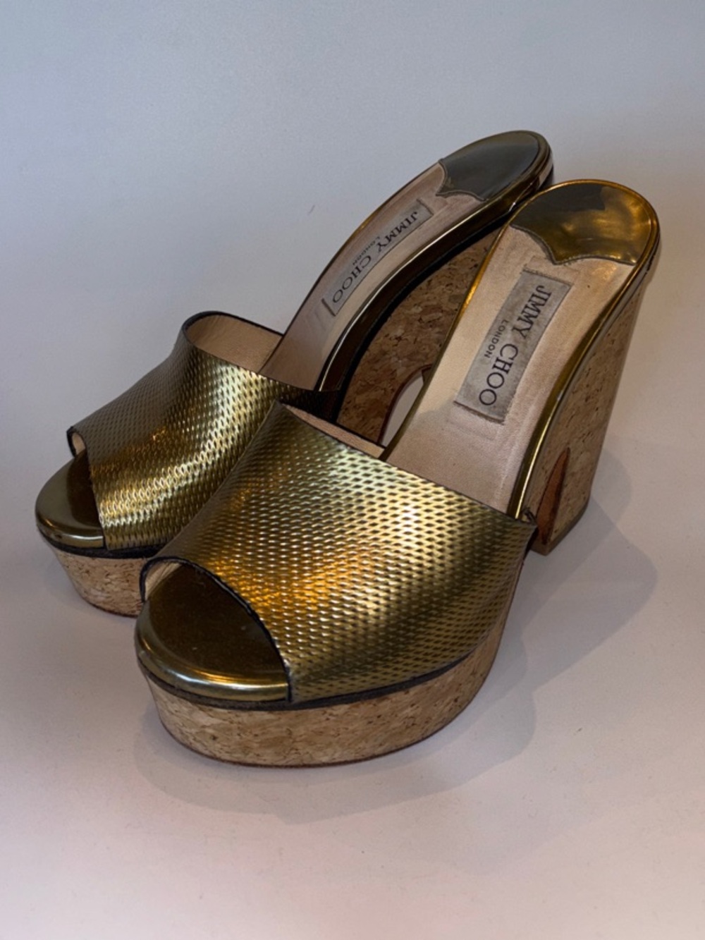 Jimmy Choo Metallic Gold Leather Cork Platform Mules